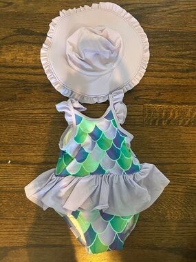 6-12 Month Mermaid One-Piece Swimsuit with Sun Hat
